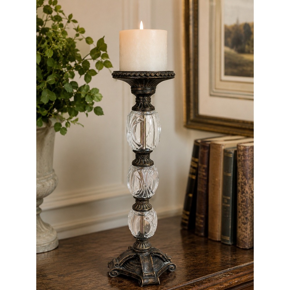 Vintage Inspired Bronze & Glass Pillar Candle Holder | 16" Decorative Pedestal